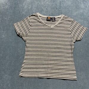 Route 66 T Shirt Womens Medium Black White Striped Short Sleeve V Neck Stretch